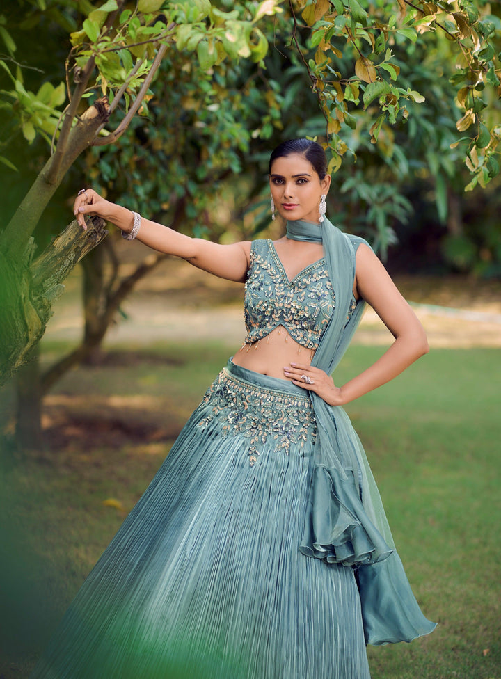 Sangeet Wear Blue Silk Crushed Skirt & Crop Top - Fashion Nation