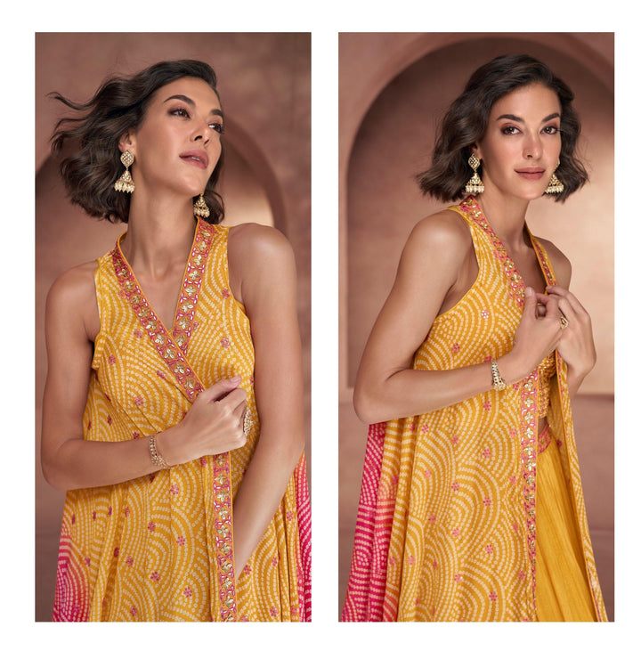 Haldi Party Wear Indo Western Skirt Top Shrug Set - Fashion Nation