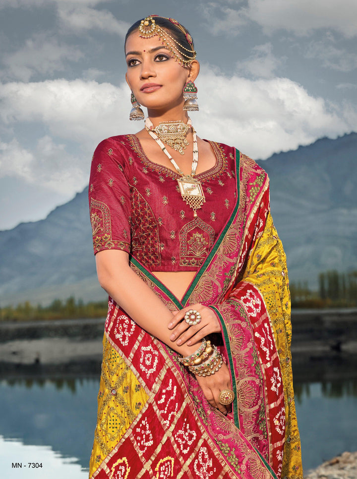 Haldi Wear Yellow Gajji Silk Bandhej Kutchi Work Traditional Sari - Fashion Nation