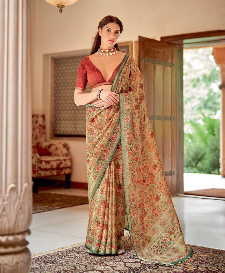 Ethnic Motifs Banarasi Zari Silk Multi-Colour Saree For Casual Wear - Fashion Nation