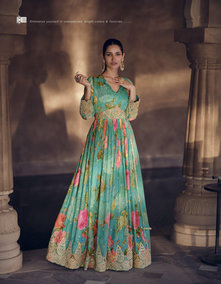 Summery Party Gown Aqua Georgette Stitched Flowy Celebration