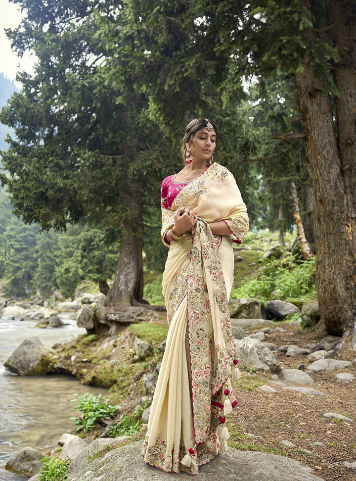 Off-White Silk Engagement Party Saree - Fashion Nation