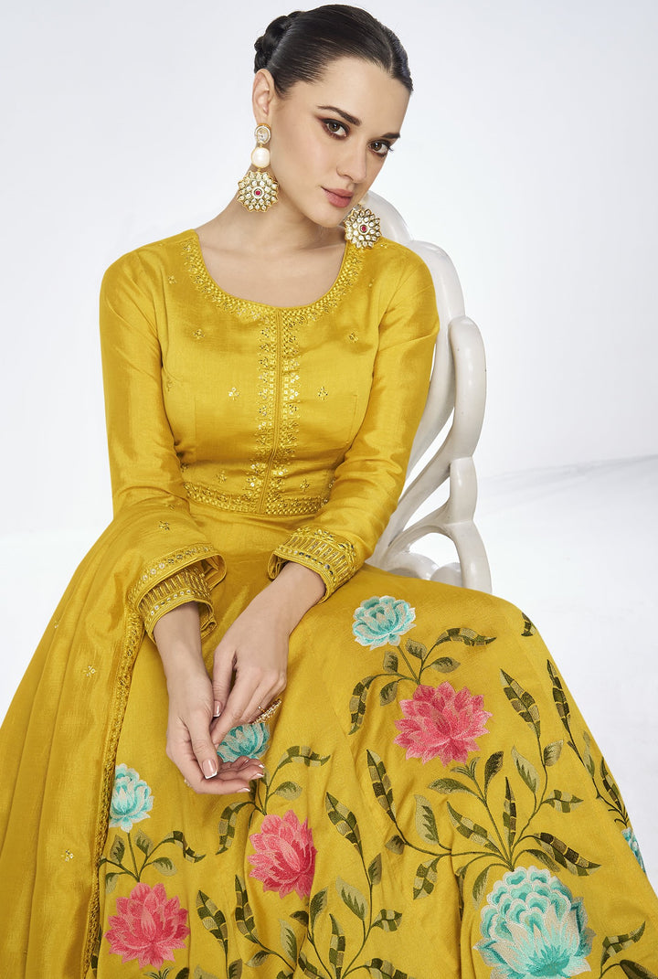 bollywood style indian fashion anarkali in yellow colour