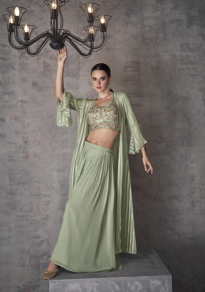 Mehendi Wear Green Georgette Fusion Readymade Crop Top Shrug Set - Fashion Nation