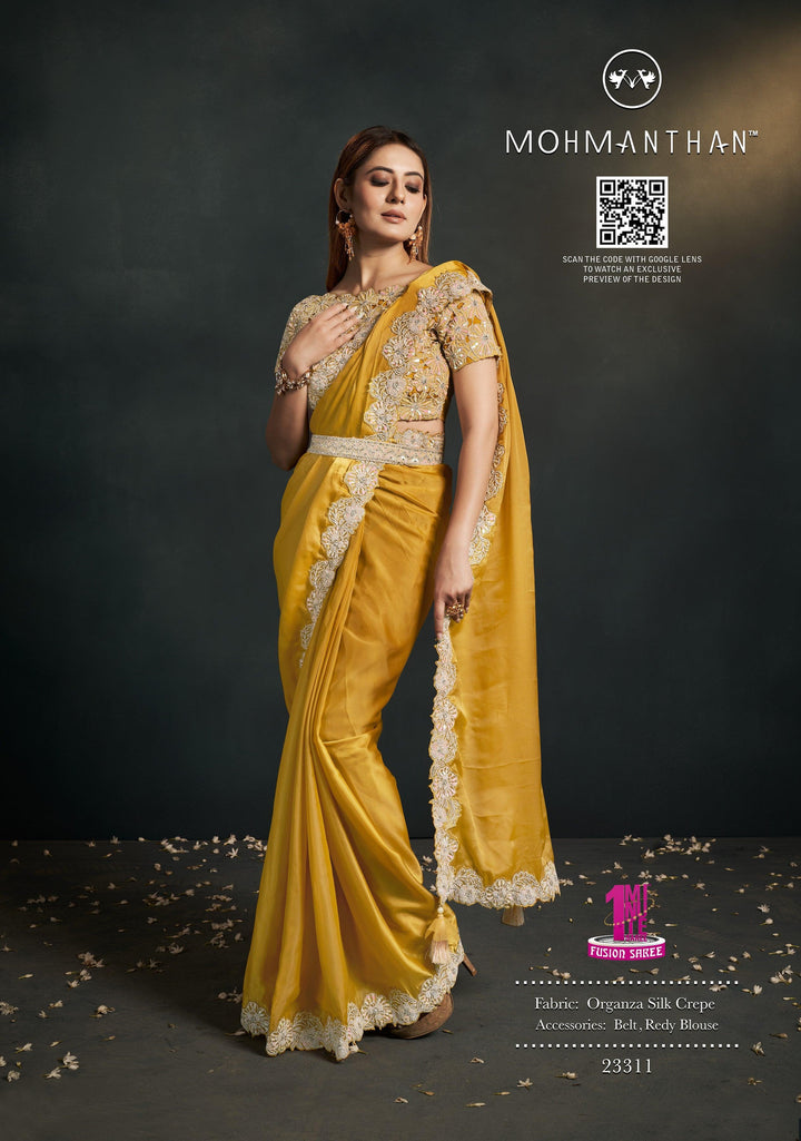Haldi Wear Organza Crepe Yellow Sari with Belt - Fashion Nation