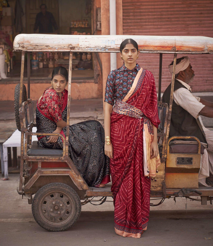 ethnic ajrak block print and bandhani zari patta saree