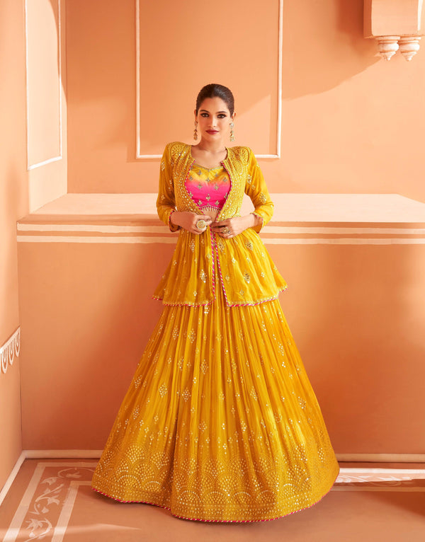 Haldi Party Wear Yellow Indo Western Lehenga Jacket Set - Fashion Nation