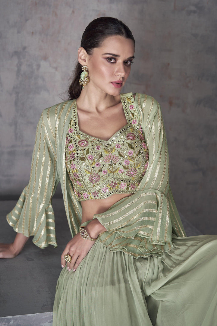 Mehendi Wear Green Georgette Fusion Readymade Crop Top Shrug Set - Fashion Nation