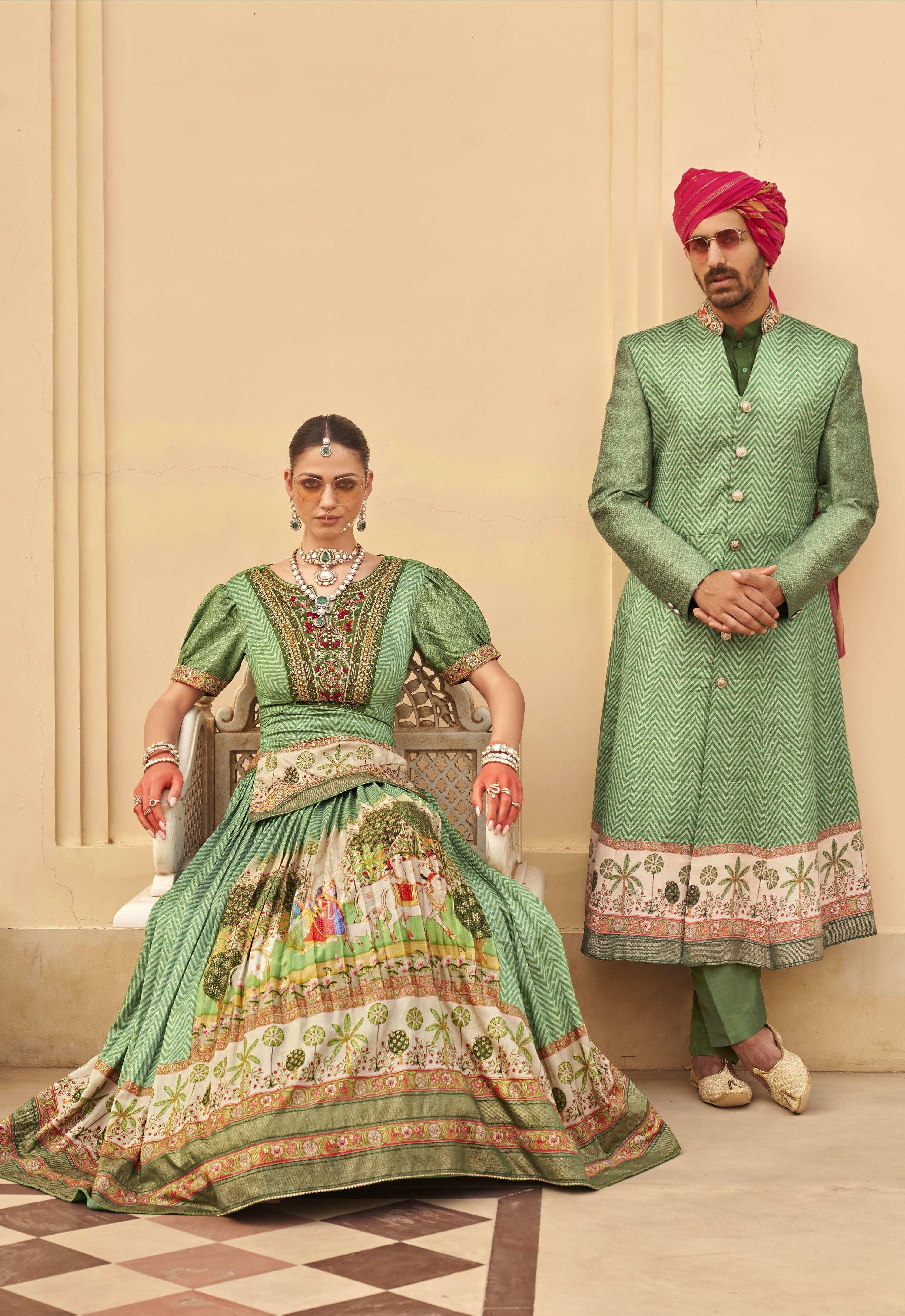 Mehendi Wear Green Pichwai Print Silk Jaipuri Lehenga Rajputi
