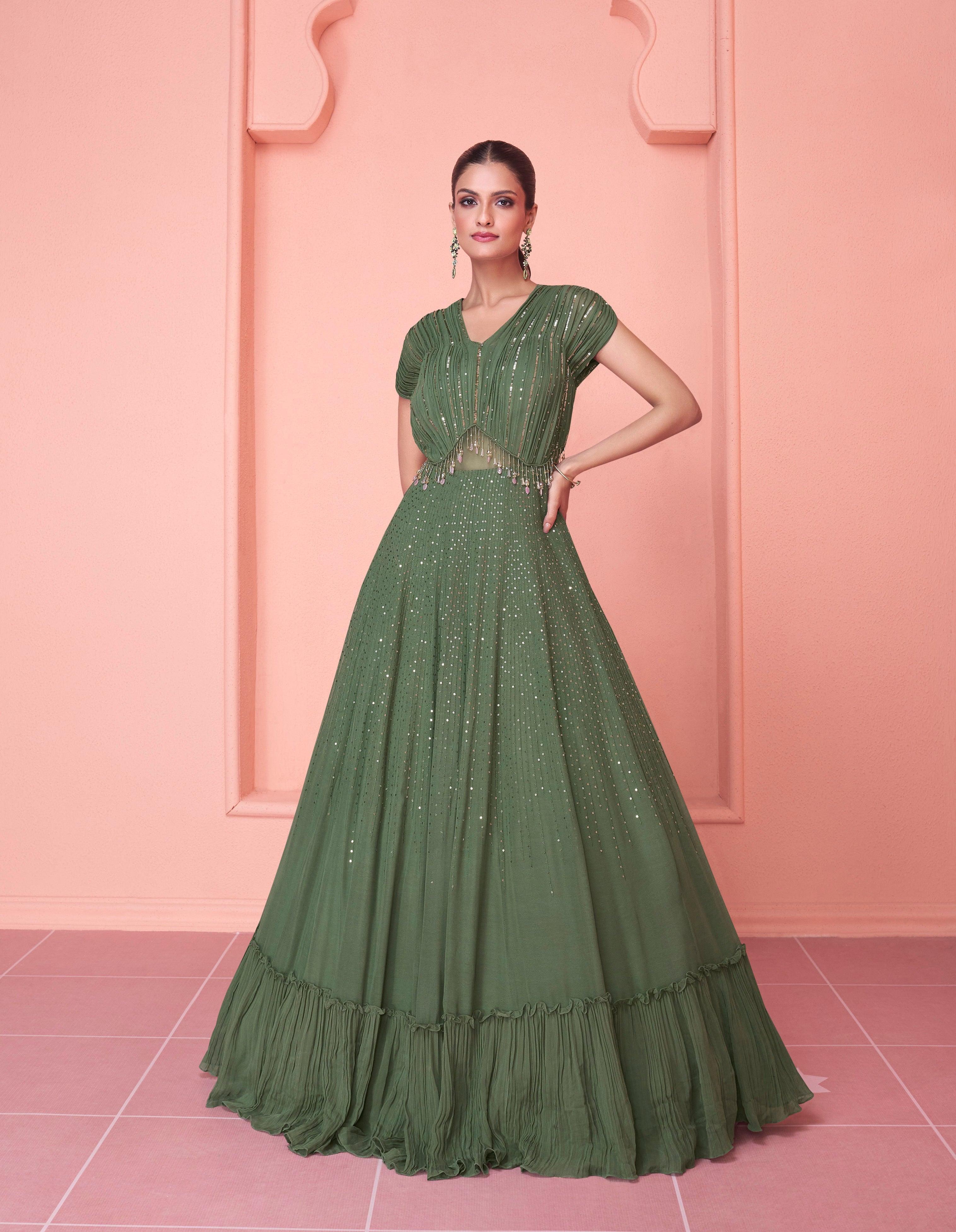 Buy Green Crushed Georgette Mirror Lucknowi Work Anarkali Dress – Empress  Clothing