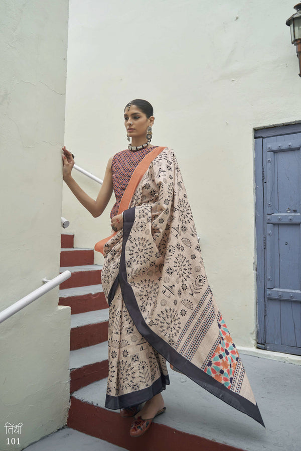function wear warli print silk saree