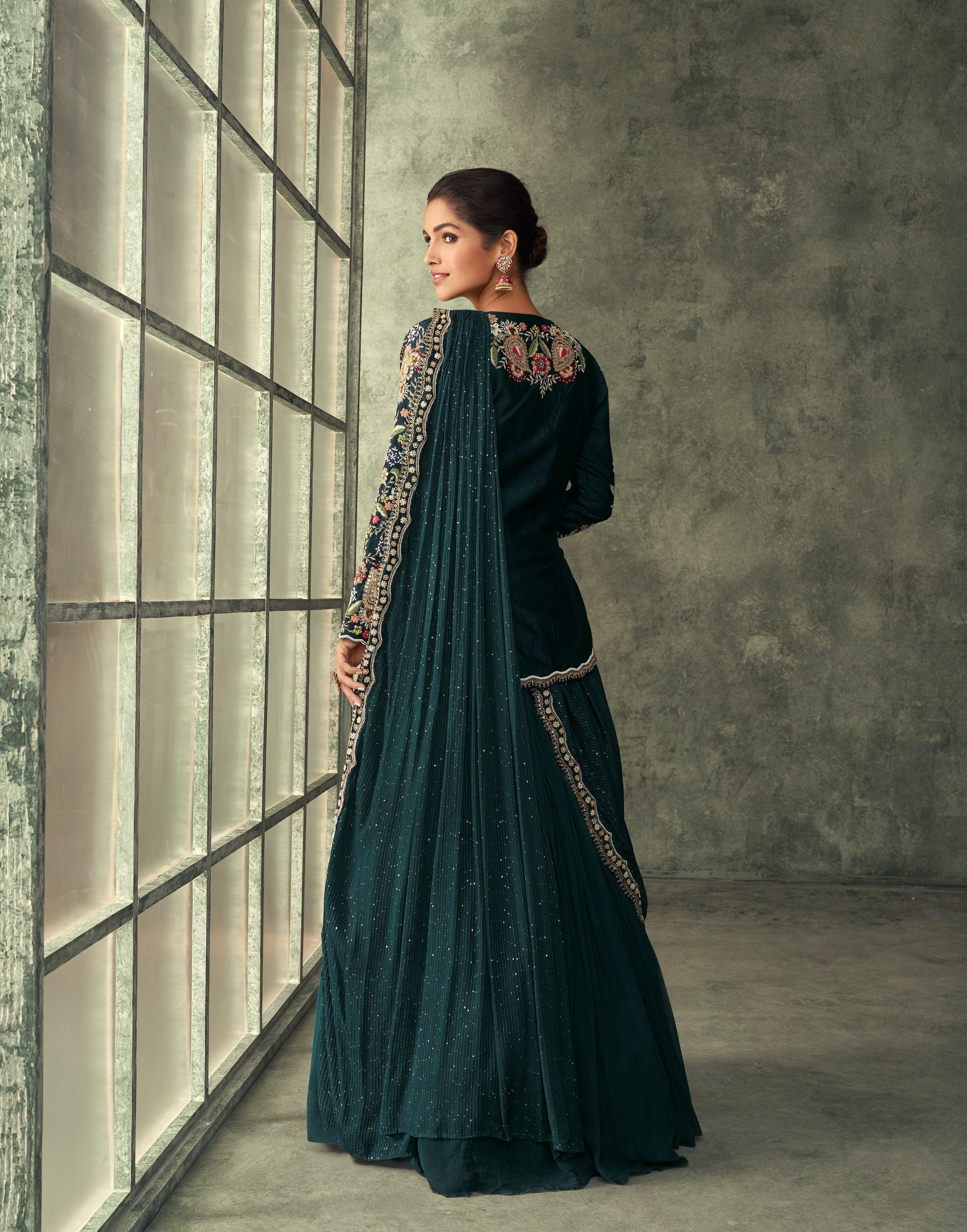 Shop Teal Embroidered Frill Saree Gown for Women Online from India's Luxury  Designers 2024