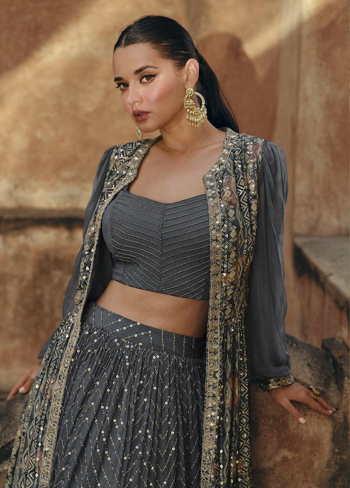 Crop Top With Skirt With Shrug Embroidered Women's Beautiful