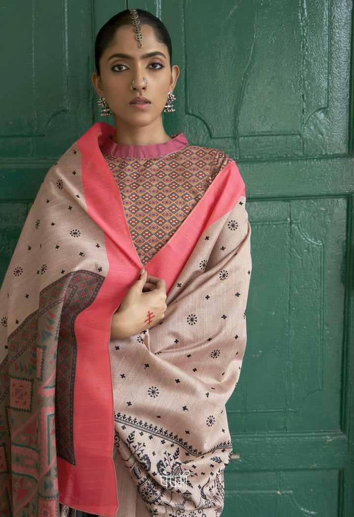 Knitted Silk Off-White Heritage Rich Warli Print Everyday Wear Saree - Fashion Nation