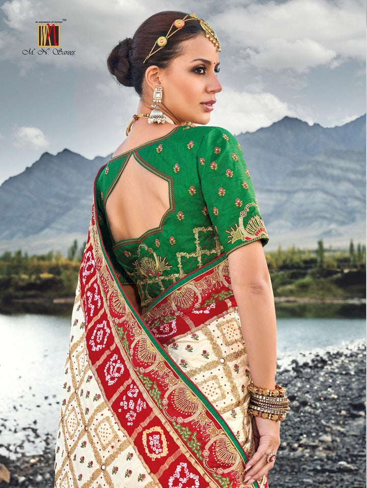 Sangeet Wear Off-White Gajji Silk Bandhej Kutchi Ethnic Saree - Fashion Nation