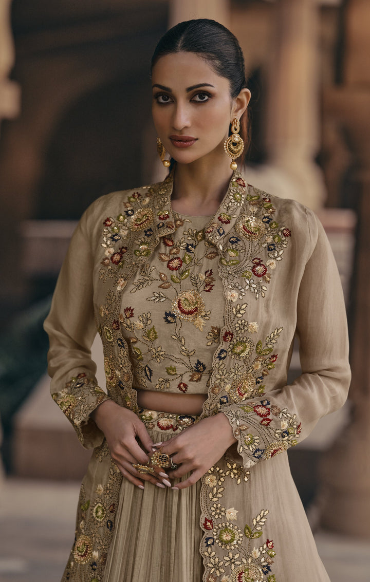 Partywear Beige Silk Crop Top Jacket Lehenga Indo Western