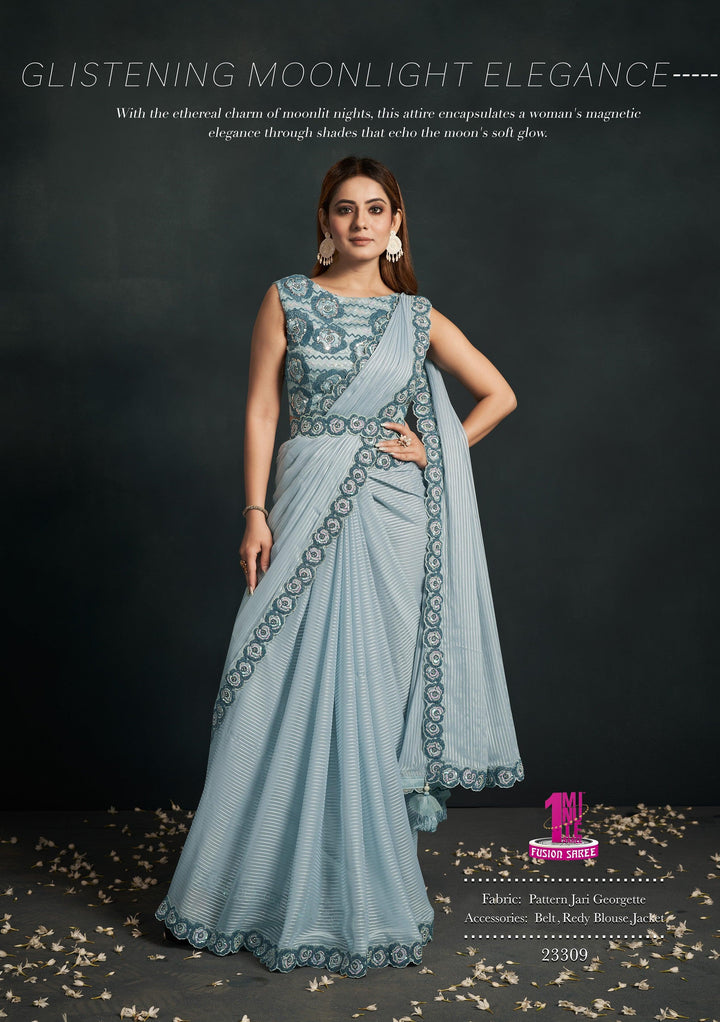 Shaadi Partywear Blue Georgette Saree with Jacket - Fashion Nation