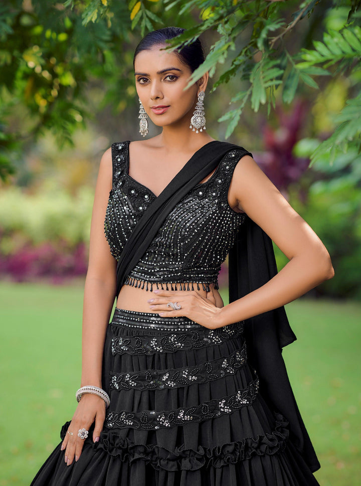 Cocktail Wear Black Silk Tiered Skirt & Crop Top - Fashion Nation