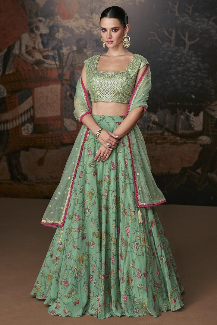 Marriage Wear Green Organza Designer Crop Top Skirt Fashion