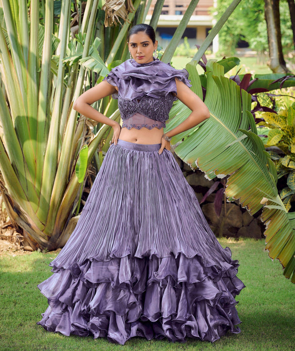 Evening Partywear Lilac Silk Layered Skirt & Crop Top - Fashion Nation