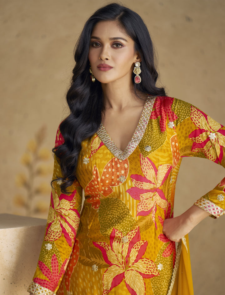 Haldi Wear Yellow Silk Floral Festive Tailored Gota Patti Sharara Suit