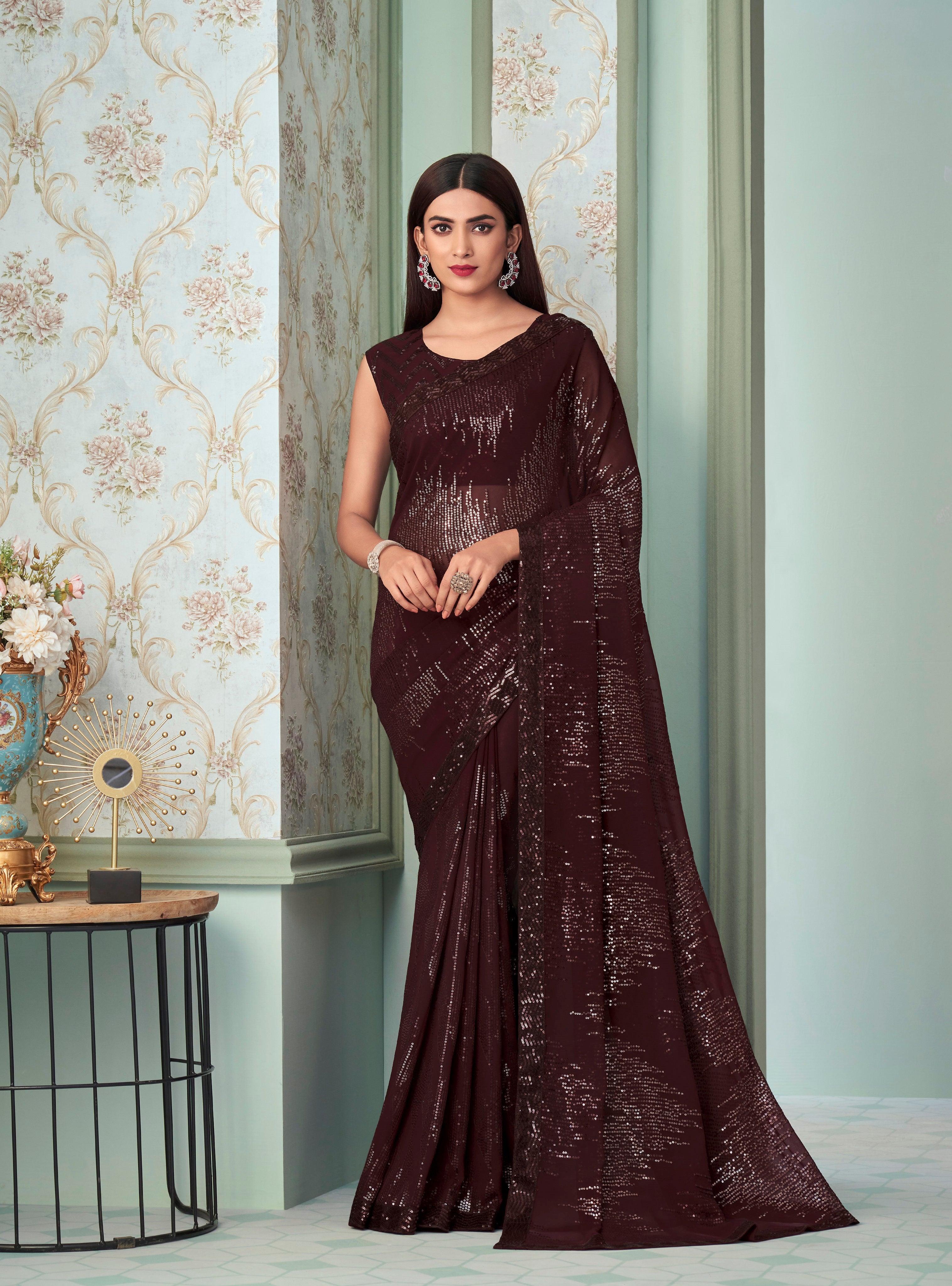 Saree mall Burgundy Striped Poly Georgette Party Wear Saree with Matching  Blouse - Absolutely Desi