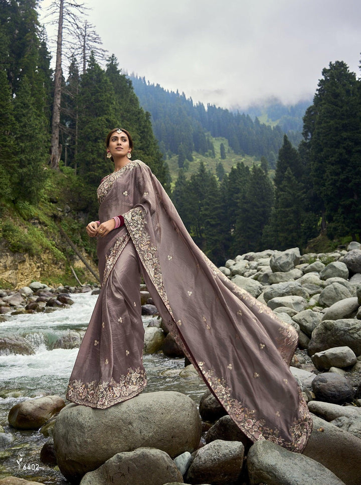Sangeet Party Wear Grey Silk Embroidered Saree - Fashion Nation