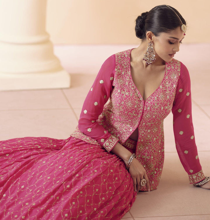 Marriage Wear Pink Georgette Designer Long Skirt Top Set