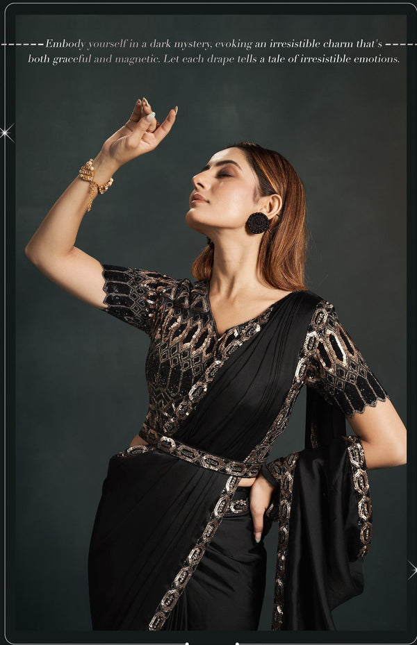 Reception Wear Black Crepe Fusion Sari with Belt - Fashion Nation