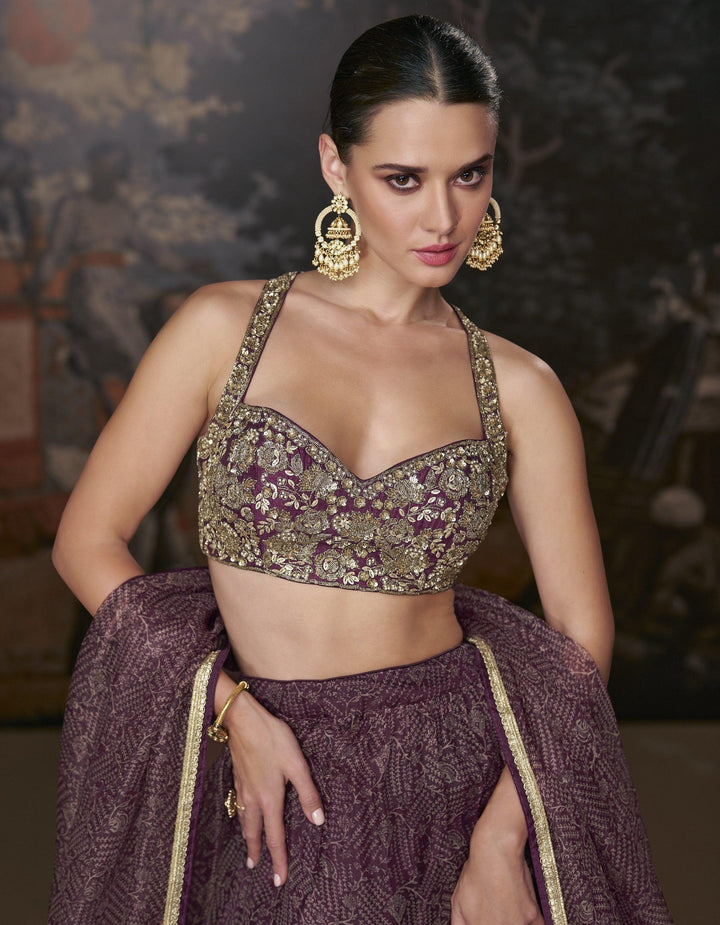Sangeet Partywear Purple Organza Indo-Western Lehenga Crop Top - Fashion Nation