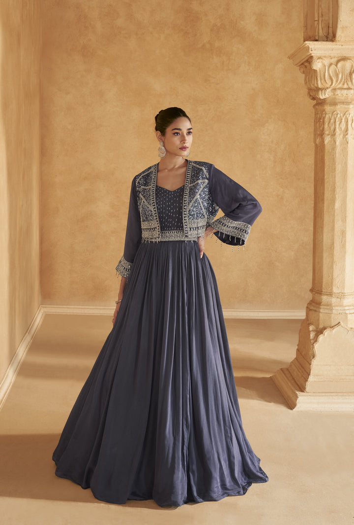 Celebration Wear Silk Blue Designer Tailored Flowy Gown Short