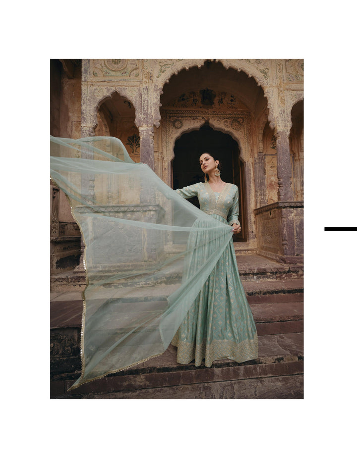 Blue Jacquard Indo Western Anarkali Gown for Engagement - Fashion Nation