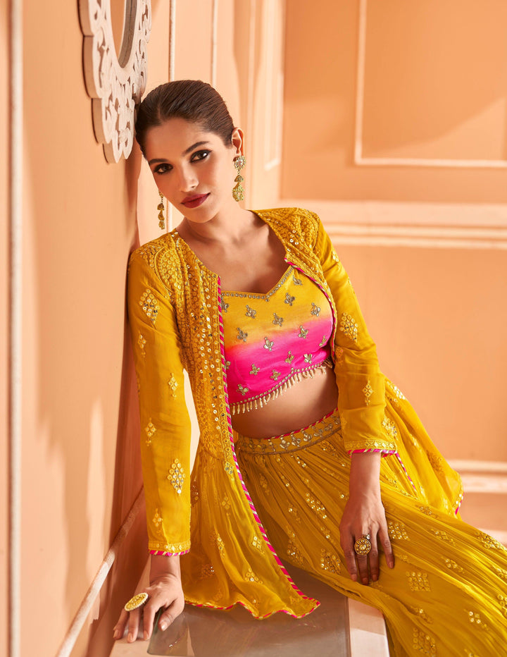 Haldi Party Wear Yellow Indo Western Lehenga Jacket Set - Fashion Nation