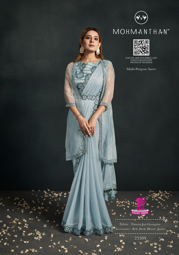 Shaadi Partywear Blue Georgette Saree with Jacket Fashion Nation