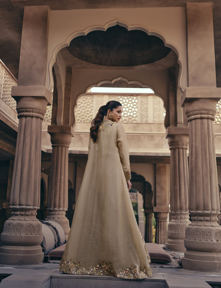 Partywear Beige Silk Crop Top Jacket Lehenga Indo Western