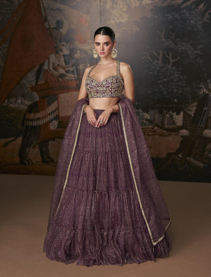 Sangeet Partywear Purple Organza Indo-Western Lehenga Crop Top - Fashion Nation