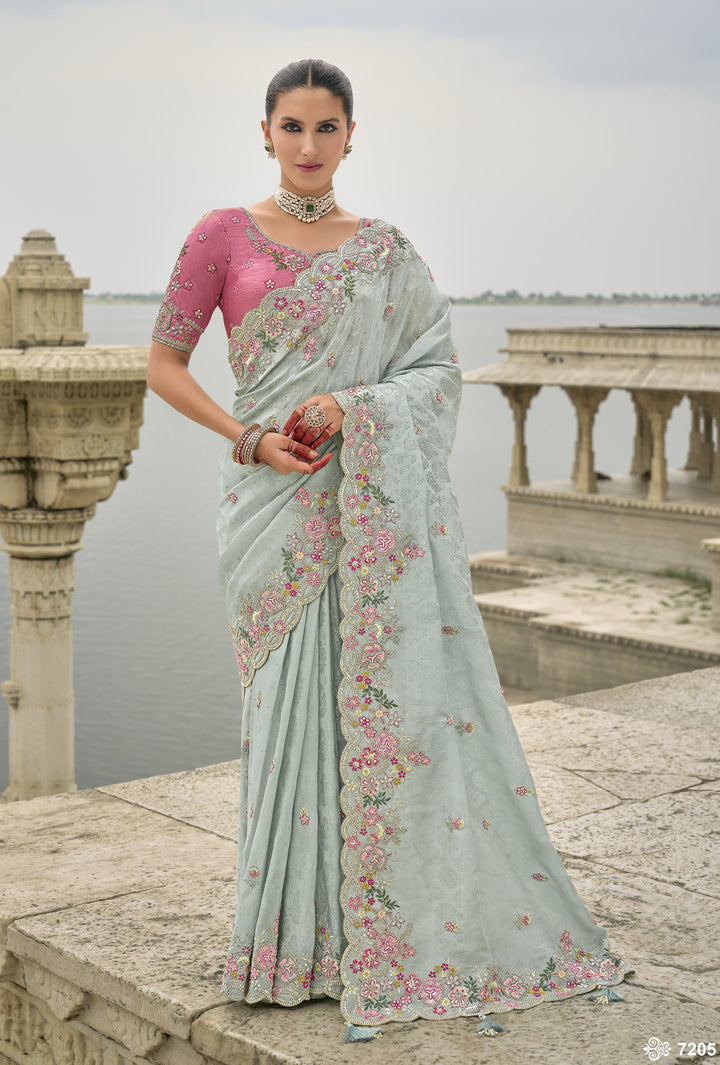 Club Partywear Sky Blue Jacquard Silk Designer Floral Weaving