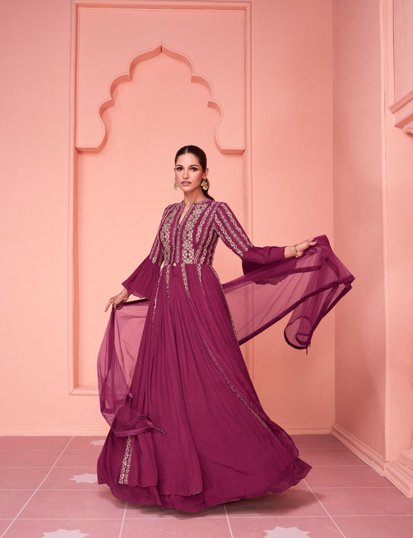 Sangeet Wear Magenta Georgette Indo Western Dress - Fashion Nation