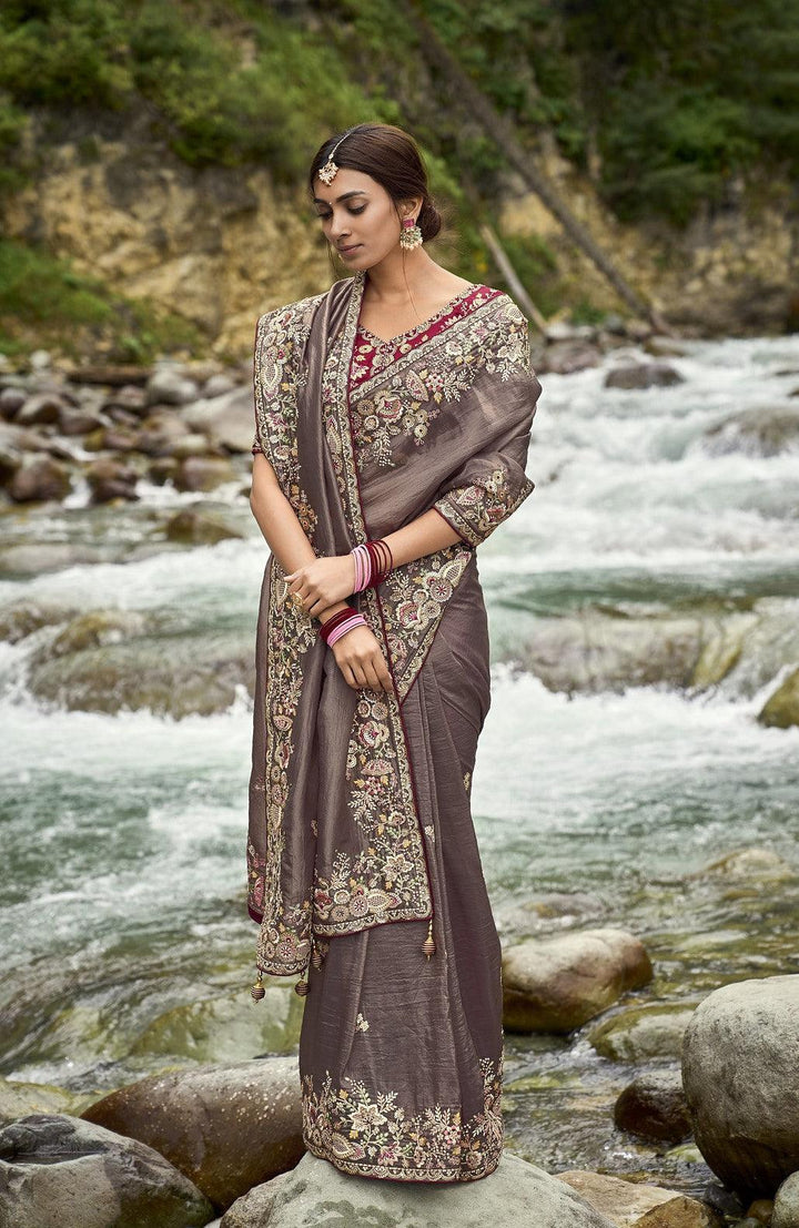 Sangeet Party Wear Grey Silk Embroidered Saree - Fashion Nation