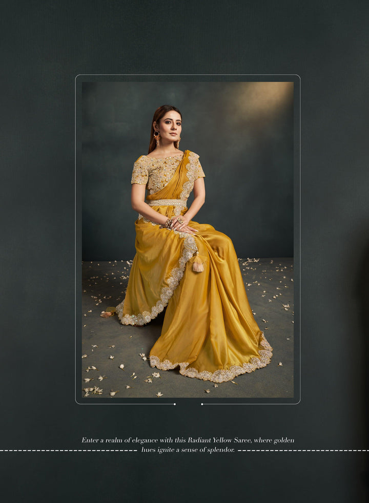 Haldi Wear Organza Crepe Yellow Sari with Belt - Fashion Nation
