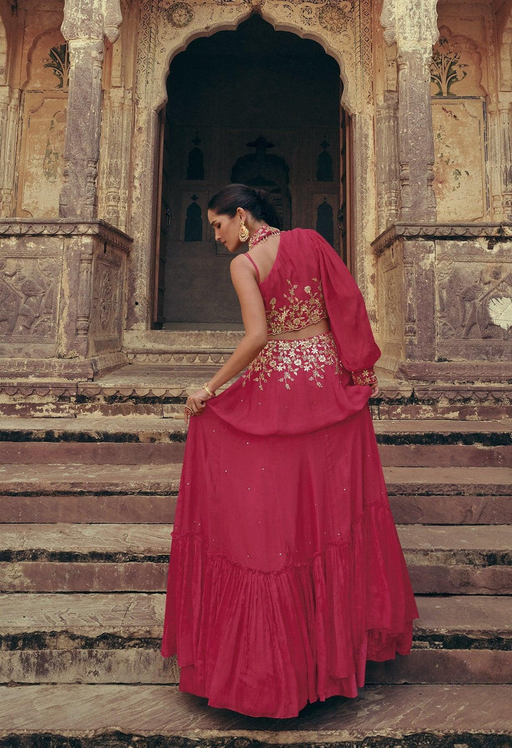 Sangeet Wear Pink Silk Indo Western One Shoulder Dress - Fashion Nation