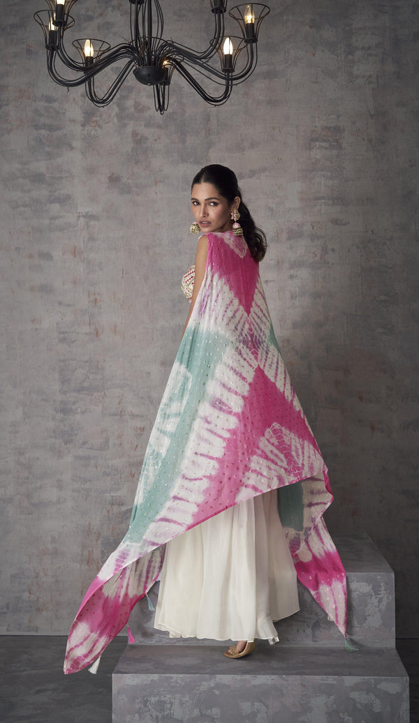 Summer Partywear White Georgette Indo Western Crop Top | Tie-Dye Shrug - Fashion Nation