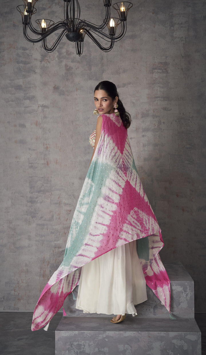 Summer Partywear White Georgette Indo Western Crop Top | Tie-Dye Shrug - Fashion Nation