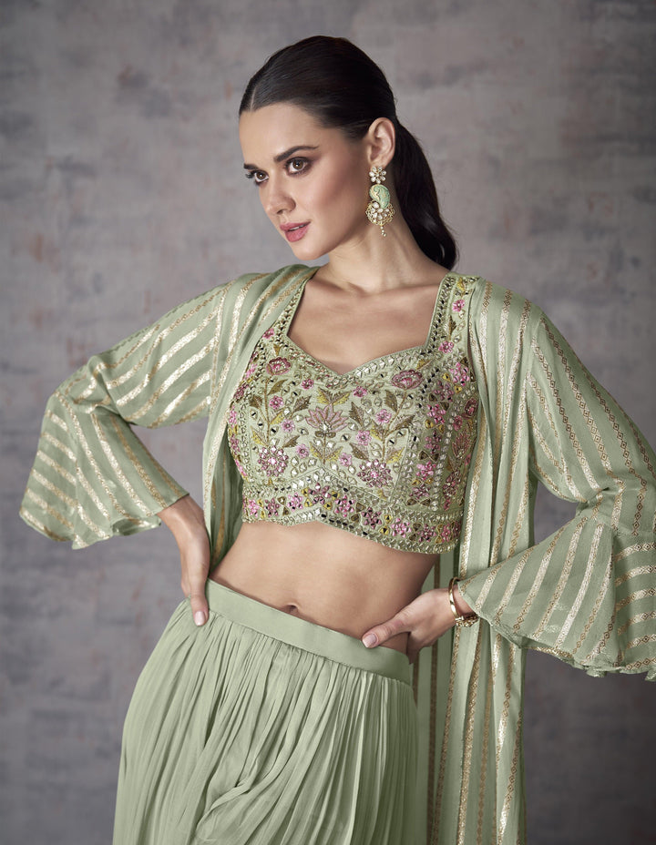 Mehendi Wear Green Georgette Fusion Readymade Crop Top Shrug Set - Fashion Nation