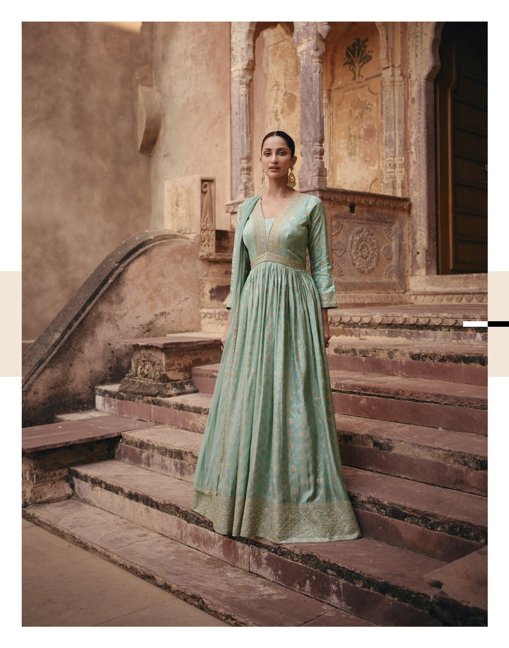 Blue Jacquard Indo Western Anarkali Gown for Engagement - Fashion Nation