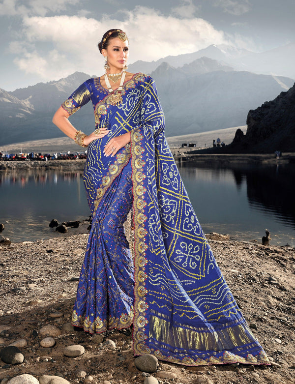 Wedding Special Blue Rajasthani Gajji Silk Kutchi Embroider Sari - Fashion Nation