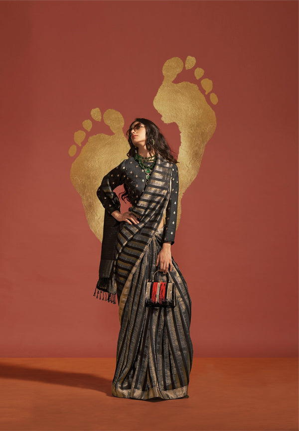 Evening Partywear Black Handloom Silk Weaving Ethnic Saree - Fashion Nation