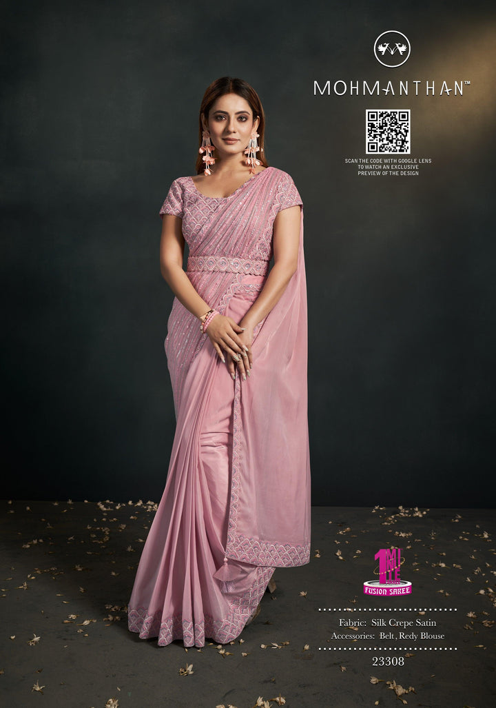 Marriage Wear Peach Crepe Fusion Saree with Belt Fashion Nation