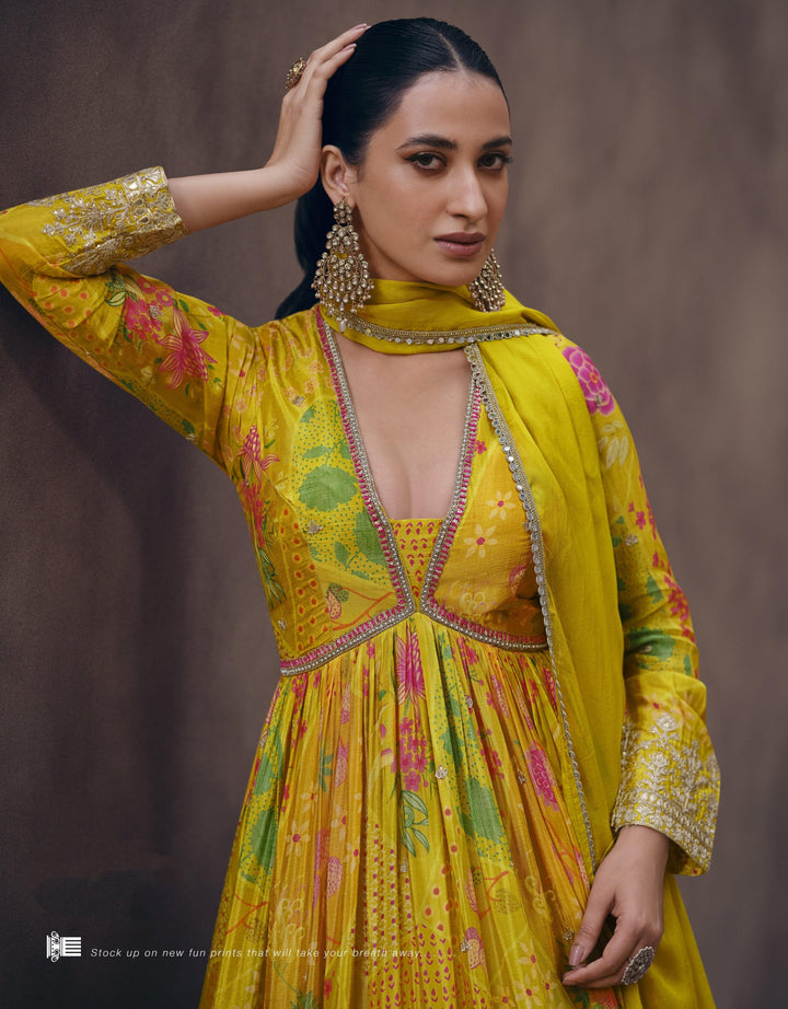 Festive Yellow Haldi Wear Georgette Readymade Fusion Fashion Party Gown - Fashion Nation