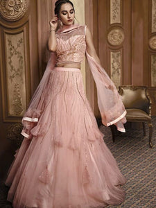 Dreamy Indo Western TH064 Designer Cocktail Wear Pink Net Silk Lehenga Style Gown - Fashion Nation